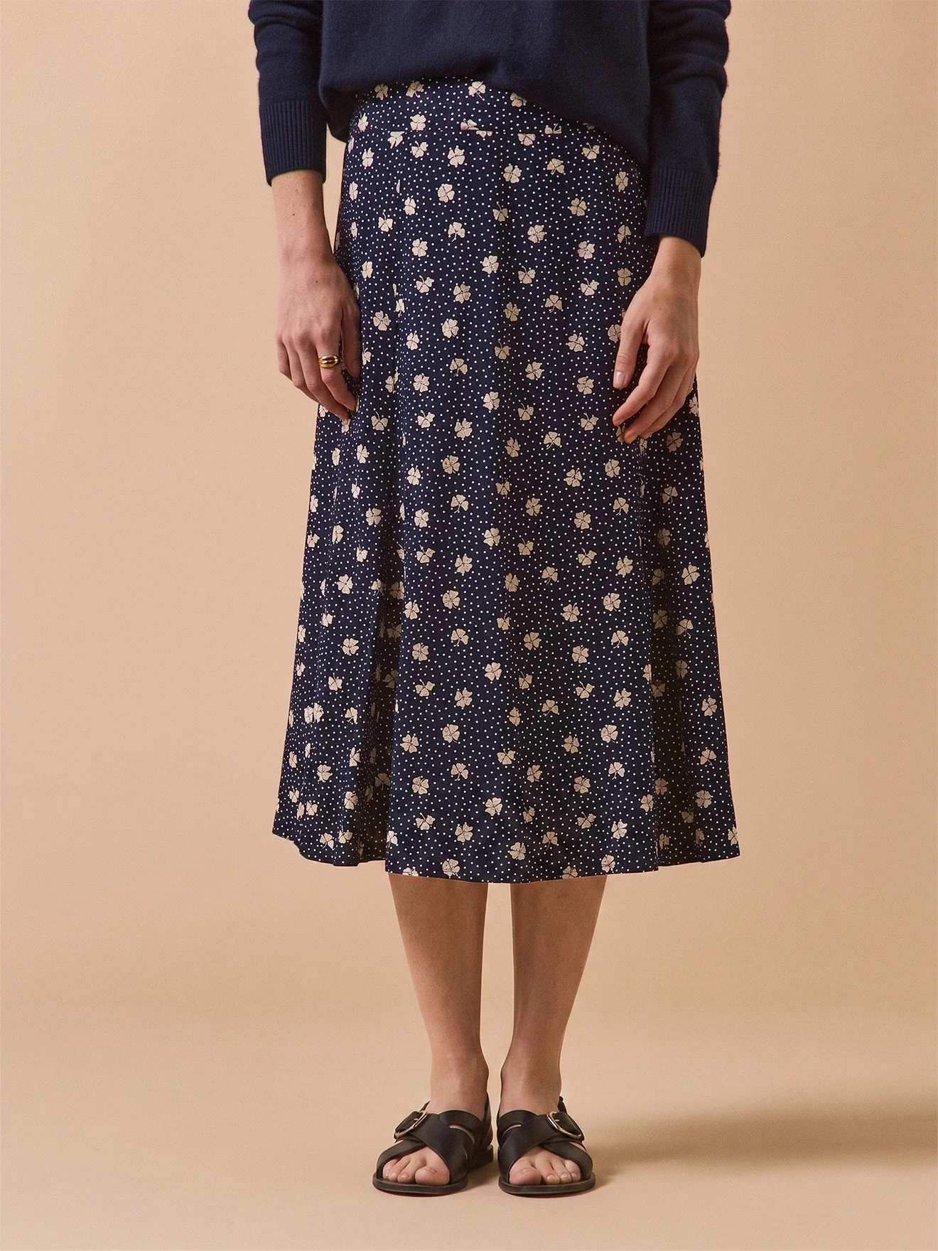 Jupe mi-longue femme viscose dobby imprimé Trèfles