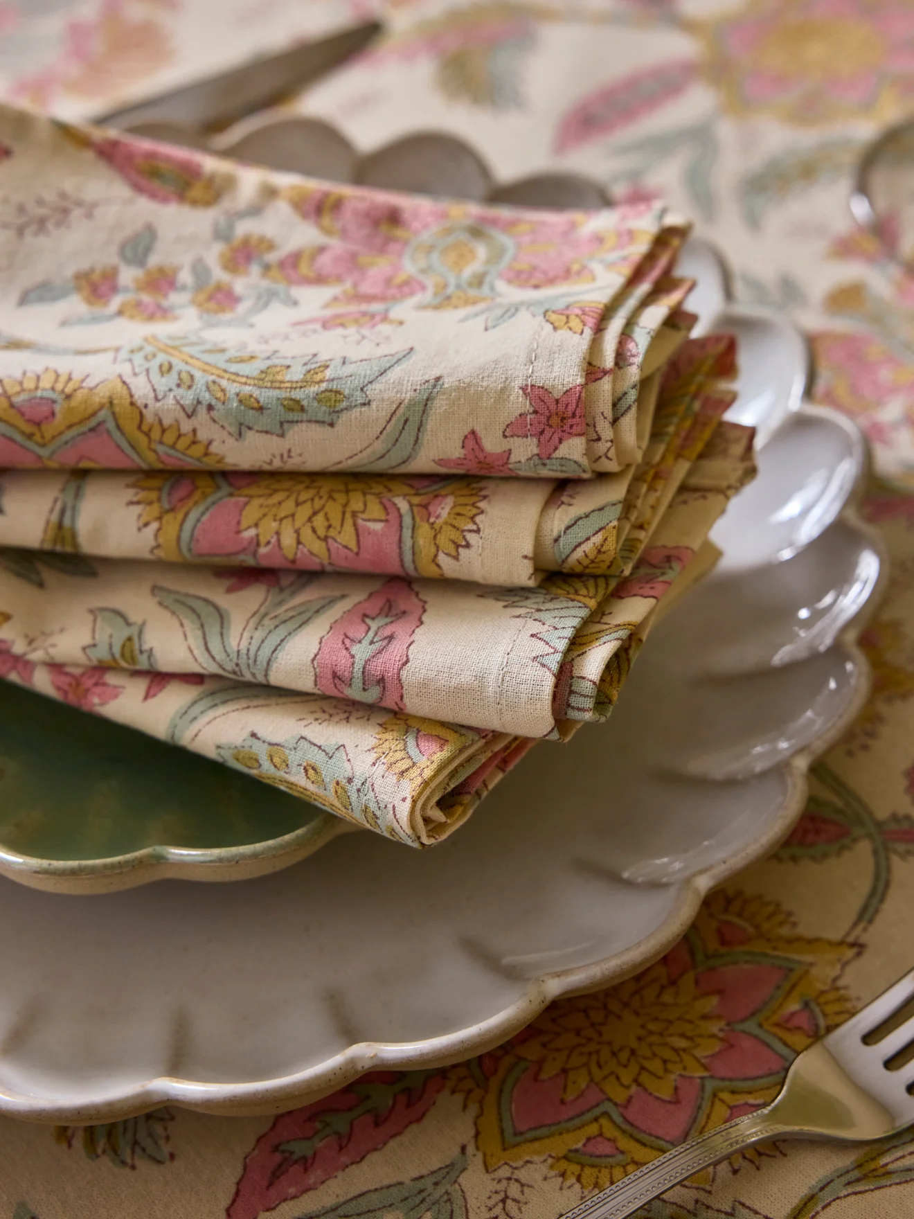 Serviette de table fleuri indien par lot de 4 - imprimé Pondichery - Image 3