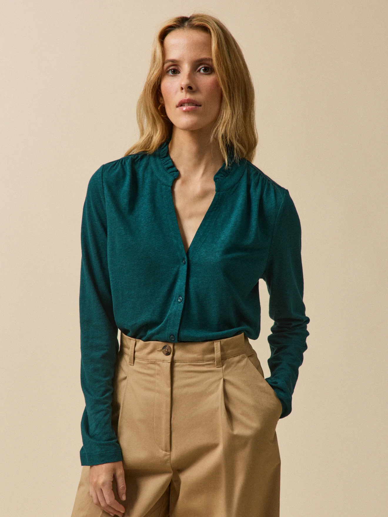 T-shirt boutonné lin et viscose femme - Image 2