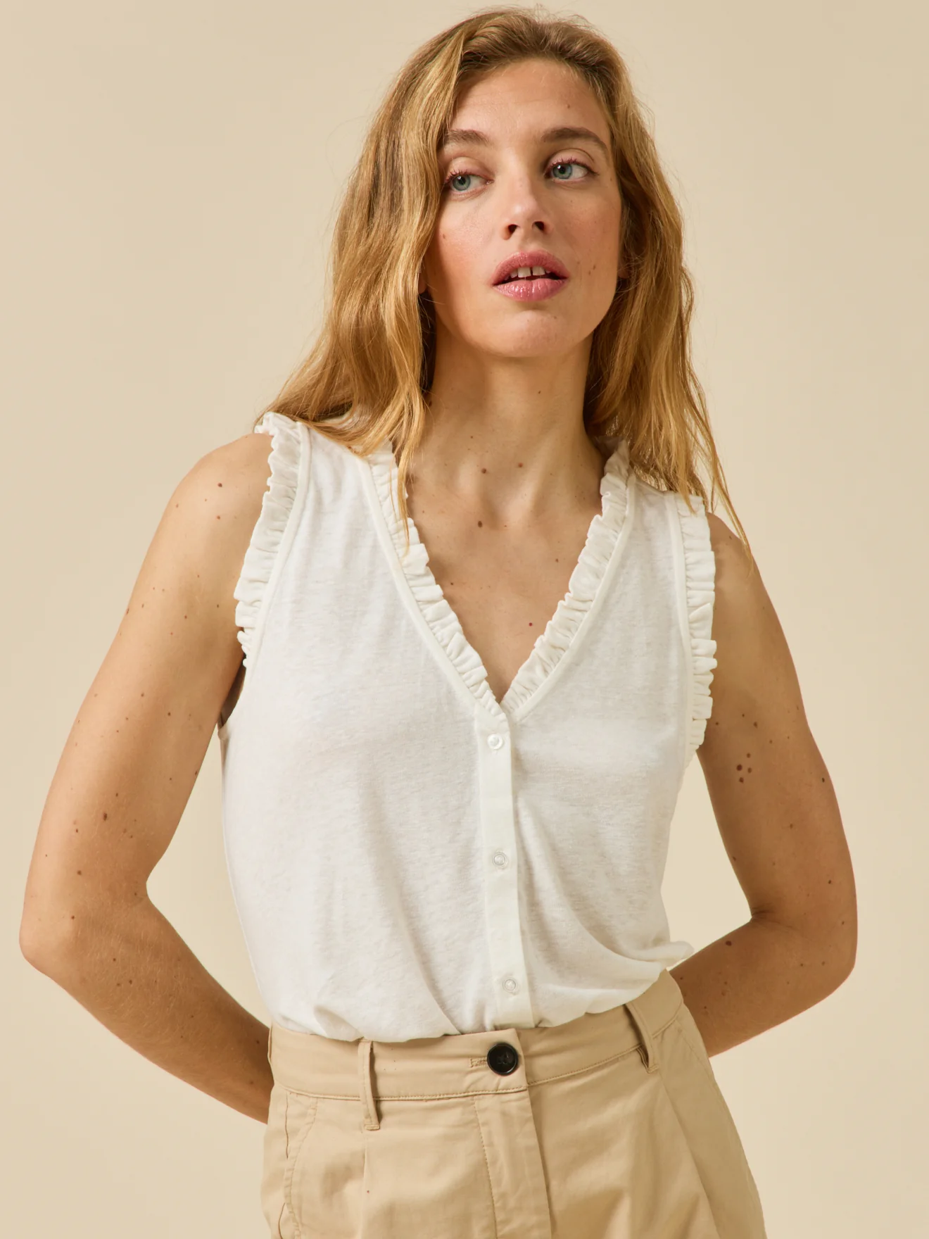 Top sans manches boutonné femme lin et viscose