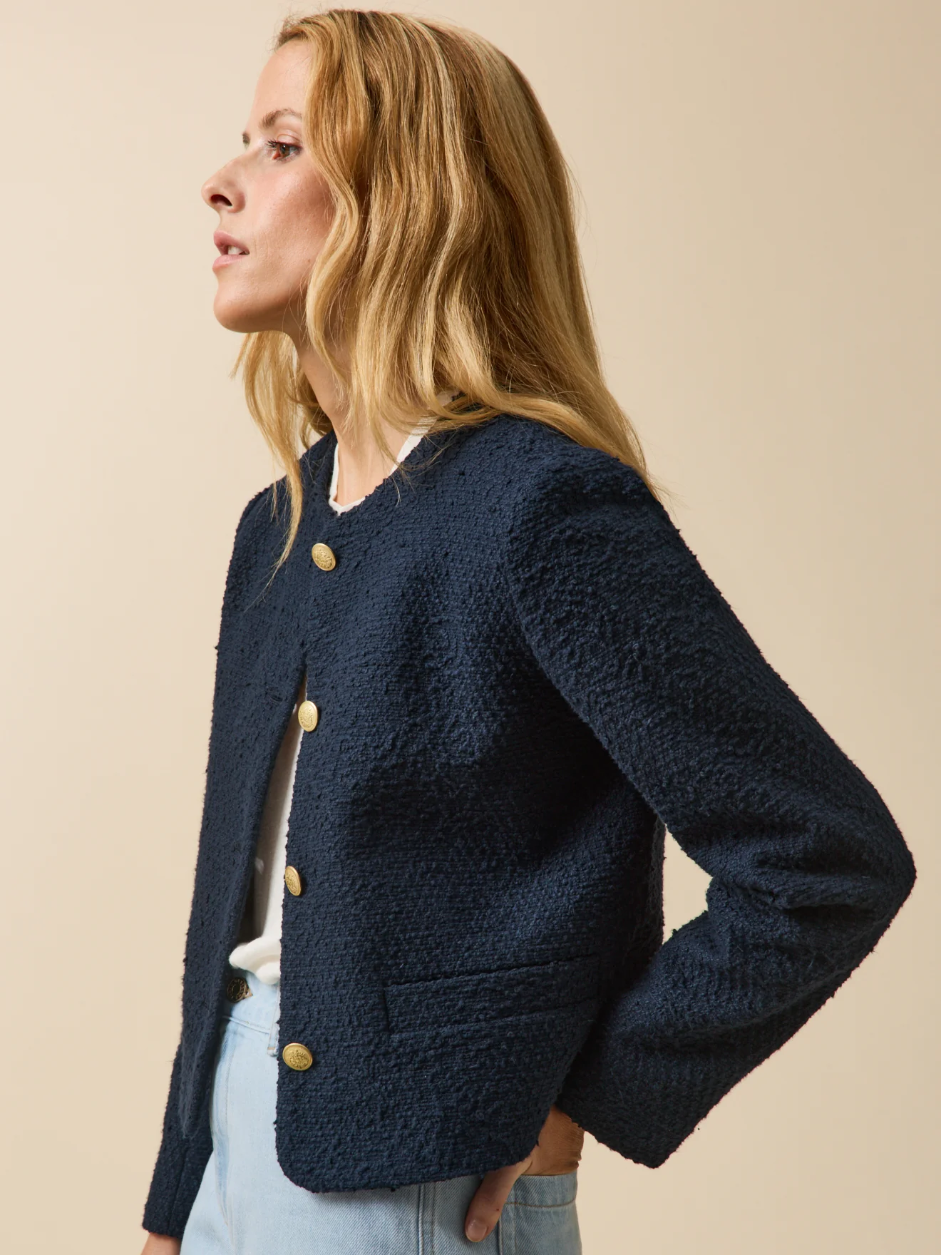 Veste sans col tweed uni femme - Image 5